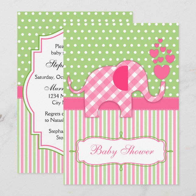 Invitación Pink Gingham Elephant Baby Shower (Anverso / Reverso)