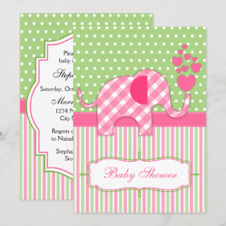 Invitación Pink Gingham Elephant Baby Shower