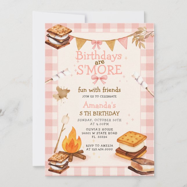 Invitación Pink Gingham Fall Camping Bonfire Smores (Anverso)