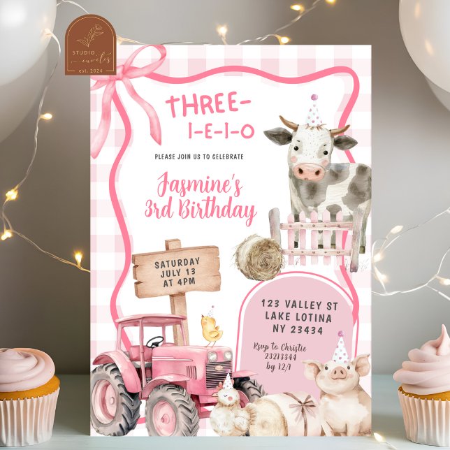 Invitación Pink Gingham Farm Birthday  (Subido por el creador)