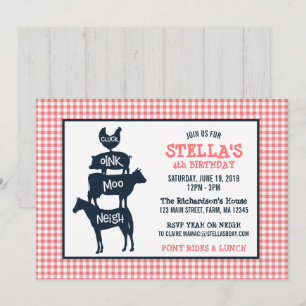 Invitación Pink Gingham Farm Tema Chica animal Cumpleaños