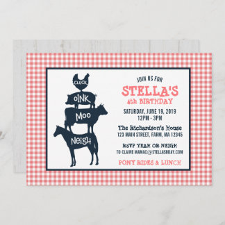 Invitación Pink Gingham Farm Tema Chica animal Cumpleaños