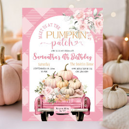 Invitación Pink Gingham Floral Fall Pumpkin Parche Cumpleaños