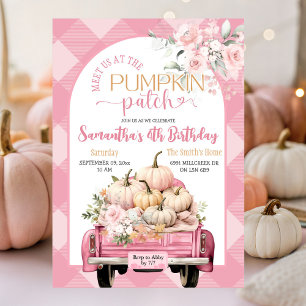 Invitación Pink Gingham Floral Fall Pumpkin Parche Cumpleaños