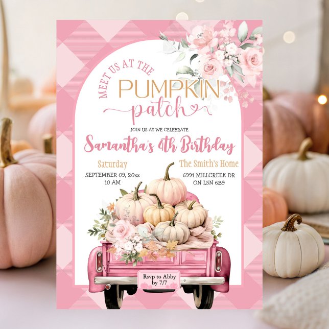 Invitación Pink Gingham Floral Fall Pumpkin Parche Cumpleaños (Subido por el creador)