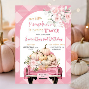 Invitación Pink Gingham Floral Fall Templo de la Calabaza