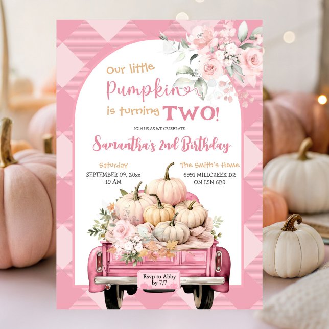 Invitación Pink Gingham Floral Fall Templo de la Calabaza (Subido por el creador)