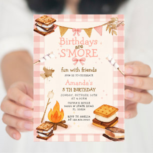 Invitación Pink Gingham Fogata de Camping de Otoño Smores