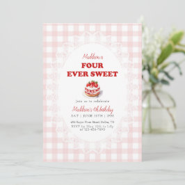 Invitación Pink Gingham Four ever Sweet Strawberry Birthday