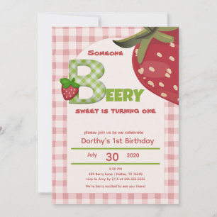 Invitación Pink Gingham Fresa Cumpleaños Uno Invi