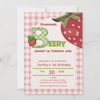 Invitación Pink Gingham Fresa Cumpleaños Uno Invi