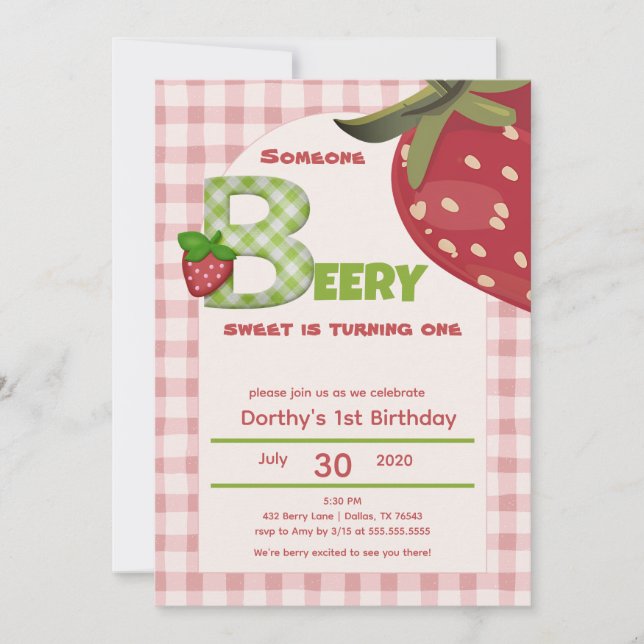 Invitación Pink Gingham Fresa Cumpleaños Uno Invi (Anverso)