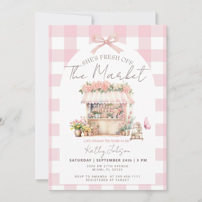 Invitación Pink Gingham Fresh Off The Market Bridal Shower  (Anverso)