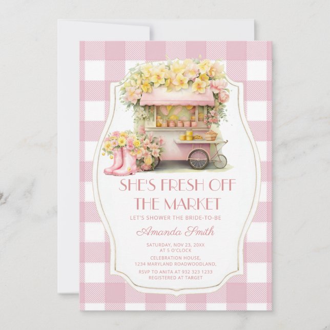 Invitación Pink Gingham Fresh Off the Market Bridal Shower (Anverso)