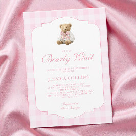 Invitación Pink Gingham Girl We Can Bearly Wait Baby Shower