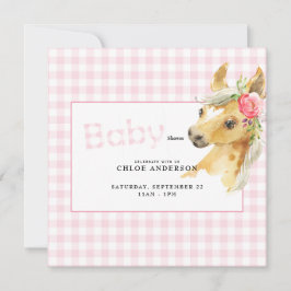 Invitación Pink Gingham Horse Baby Shower Square