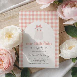 Invitación Pink Gingham Little Boo Ghost 1er cumpleaños