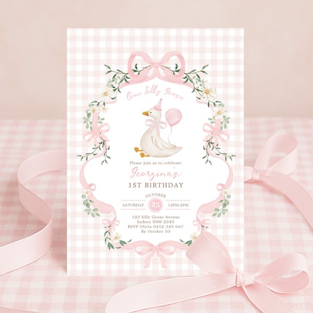 Invitación Pink Gingham One Silly Goose Balloon Girl Birthday (Subido por el creador)