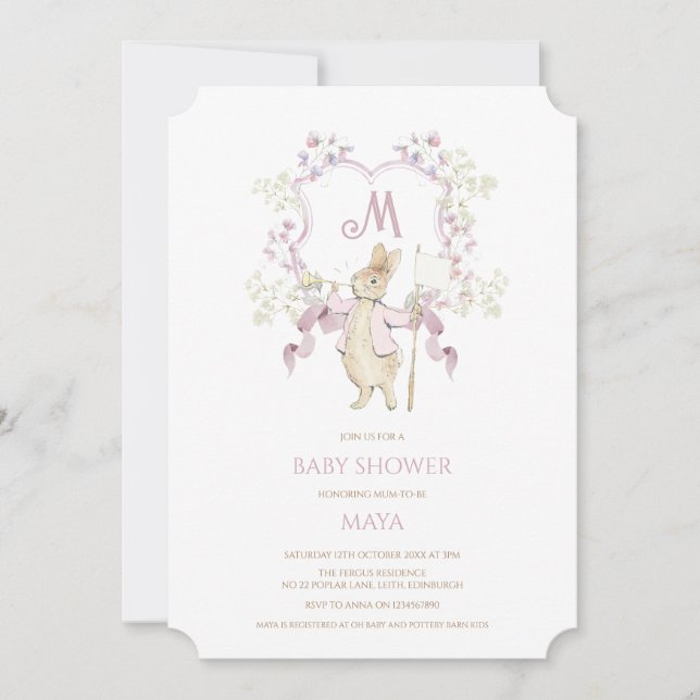 Invitación Pink Gingham Peter the Rabbit Monogram Baby Shower (Anverso)