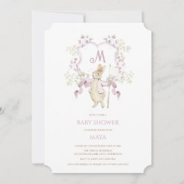 Invitación Pink Gingham Peter the Rabbit Monogram Baby Shower
