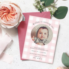 Invitación Pink Gingham Photo Birthday