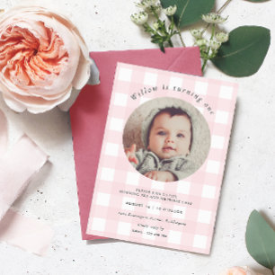 Invitación Pink Gingham Photo Birthday