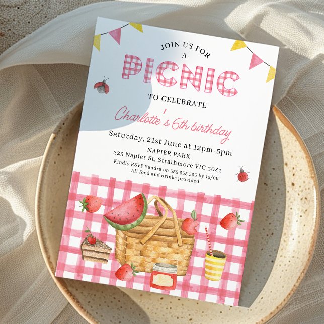 Invitación Pink Gingham Picnic Basket Nacimiento (Girls Pink Gingham Picnic Birthday Invitation, Summer Outdoor Birthday Party Invite, Picnic Basket )