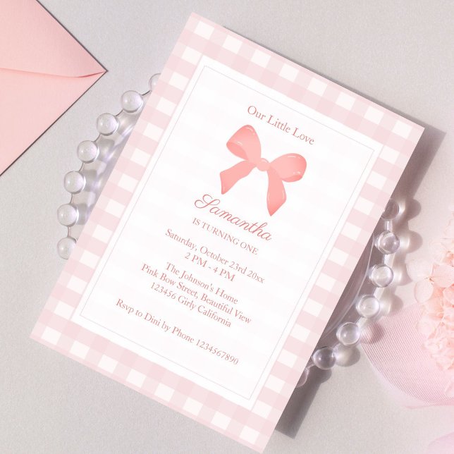 Invitación Pink Gingham Pink Bow Birday (Subido por el creador)