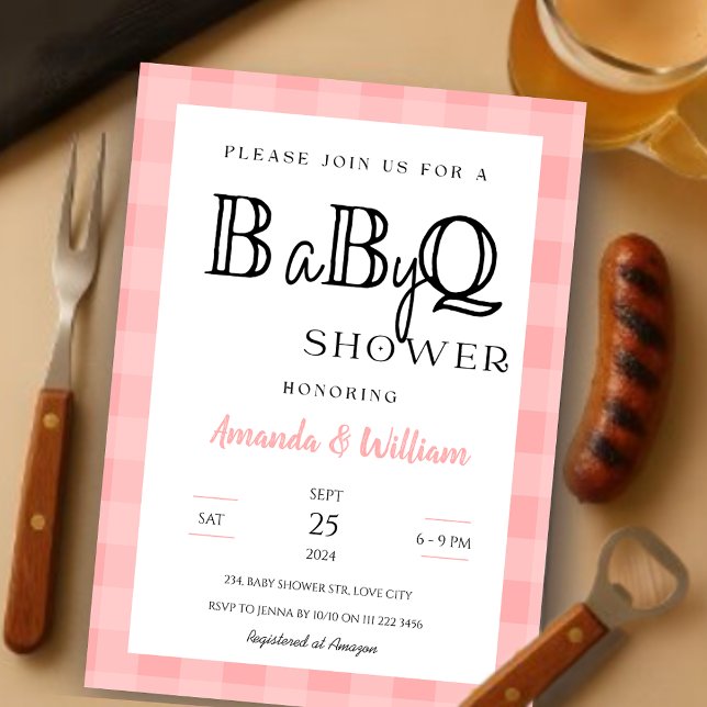 Invitación Pink Gingham Plaid BBQ Baby Couples Shower (Pink Gingham Plaid BBQ Baby Couples Shower Invitation)