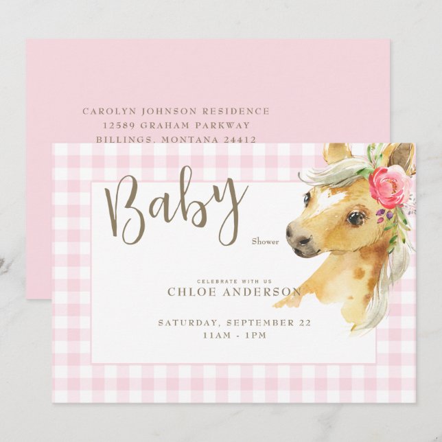 Invitación Pink Gingham Pony Baby Shower (Anverso / Reverso)