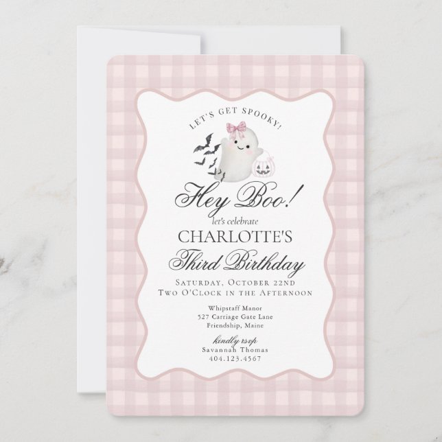 Invitación Pink Gingham Preppy Ghost Hey Boo Birthday (Anverso)