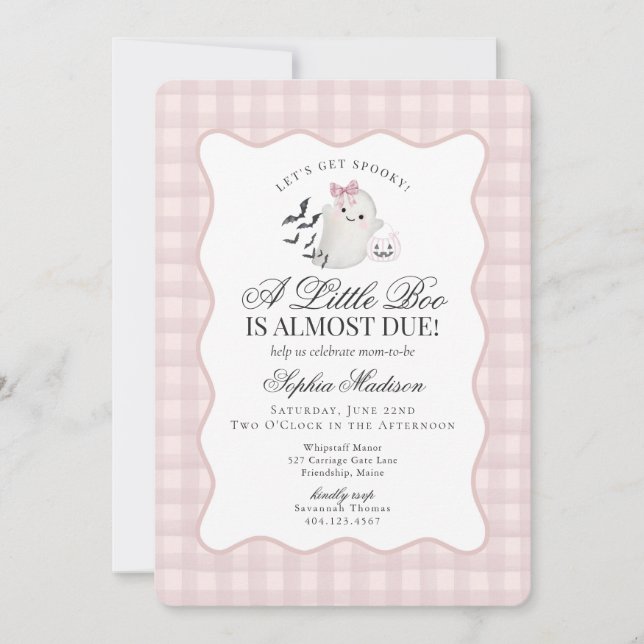 Invitación Pink Gingham Preppy Ghost Little Boo Baby Shower (Anverso)