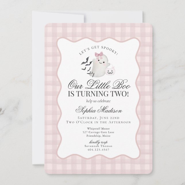 Invitación Pink Gingham Preppy Ghost Little Boo Segundo Cumpl (Anverso)