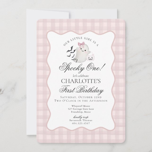 Invitación Pink Gingham Preppy Ghost Spooky One First Birthda (Anverso)