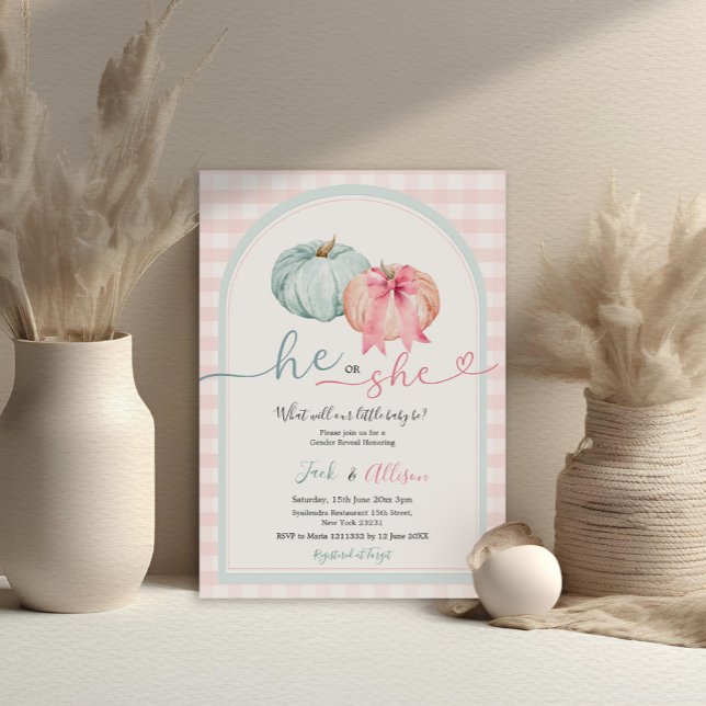 Invitación Pink Gingham Revelación de género de calabaza azul (Subido por el creador)