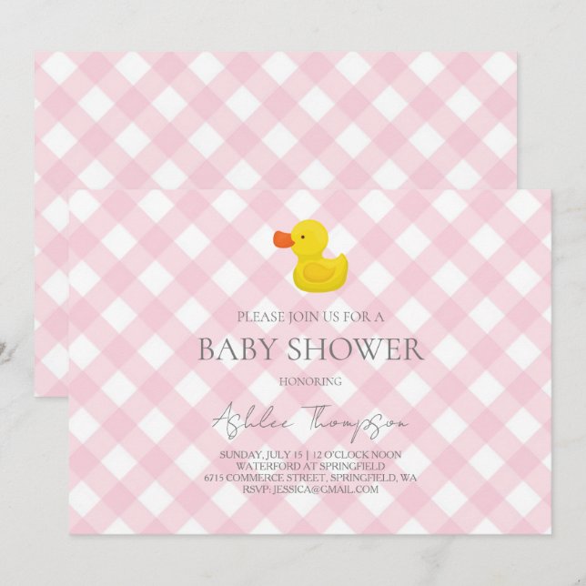 Invitación Pink Gingham Rubber Duckie Baby Shower (Anverso / Reverso)