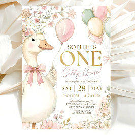 Invitación Pink Gingham Silly Goose 1st Birthday Invitation 