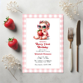 Invitación Pink Gingham & Strawberry Berry Primer Fiesta de c
