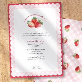 Invitación Pink Gingham Strawberry Berry Sweet Baby Shower