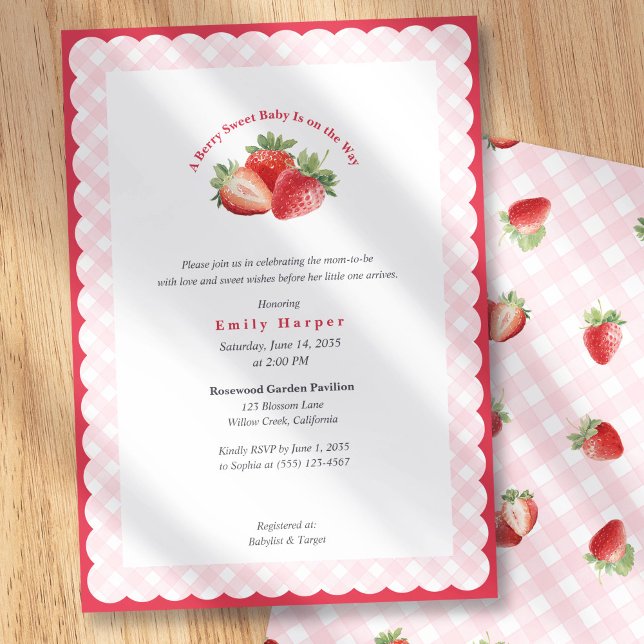 Invitación Pink Gingham Strawberry Berry Sweet Baby Shower (Strawberry-Berry-Sweet Baby Girl Shower Invitation with pink elegant gingham for spring baby shower.)