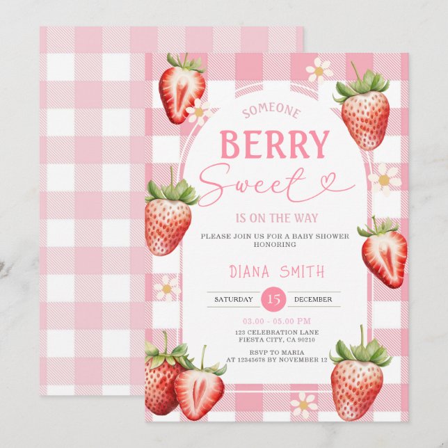 Invitación PINK Gingham Strawberry Sweet Baby Shower (Anverso / Reverso)