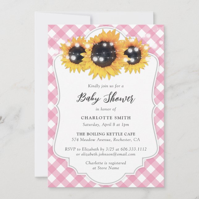 Invitación Pink Gingham Sunflower Baby Shower (Anverso)