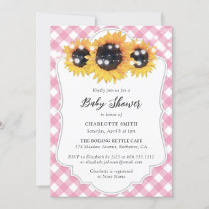 Invitación Pink Gingham Sunflower Baby Shower