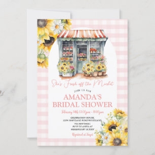 Invitación Pink Gingham Sunflowers Ella está fuera del mercad