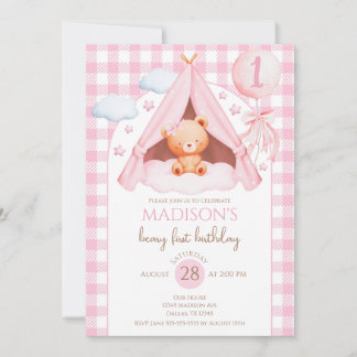 Invitación Pink Gingham Teddy Bear Balloon Girl 1st Birthday