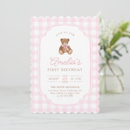 Invitación Pink Gingham Teddy Bear Beary First Birthday