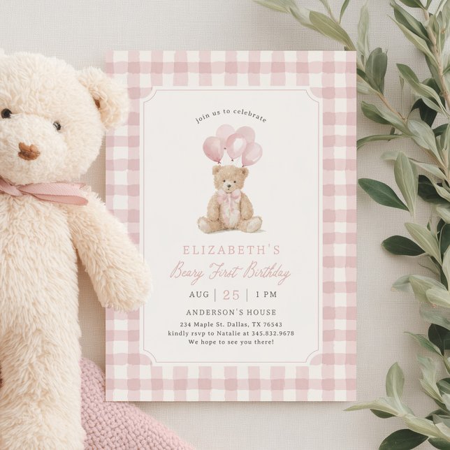 Invitación Pink Gingham Teddy Bear Beary First Birthday (Subido por el creador)