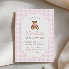 Invitación Pink Gingham Teddy Bear Beary First Birthday