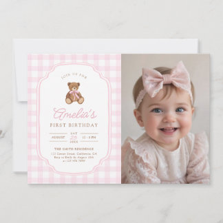 Invitación Pink Gingham Teddy Bear Beary First Birthday Photo