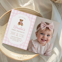 Invitación Pink Gingham Teddy Bear Beary First Birthday Photo